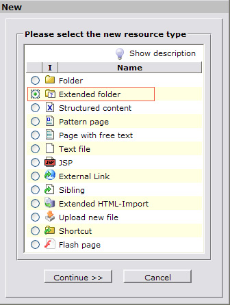 Creating extended folder in OpenCms