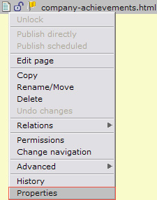 Editing page properties including navigation text