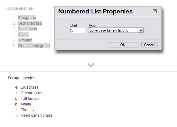 Editing the start field in numbered lists